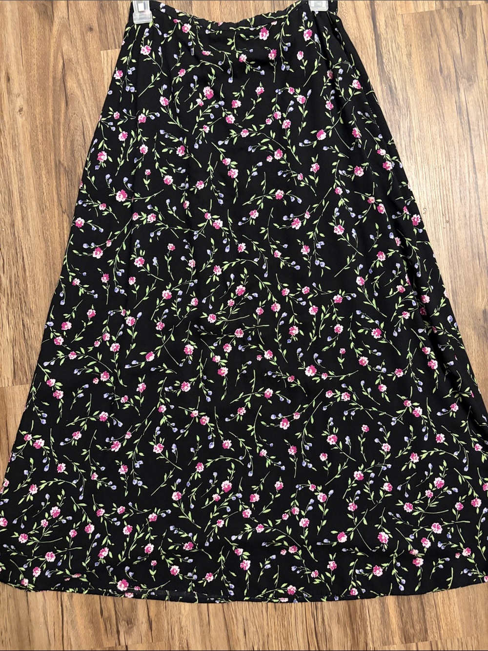 Kathie Lee Collection Black A-Line Maxi Skirt with Pink & Green Floral Print